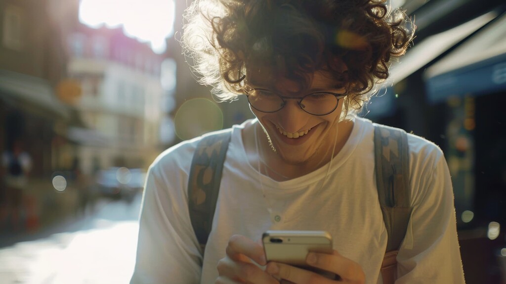 Jeune homme souriant en extérieur sur son téléphone