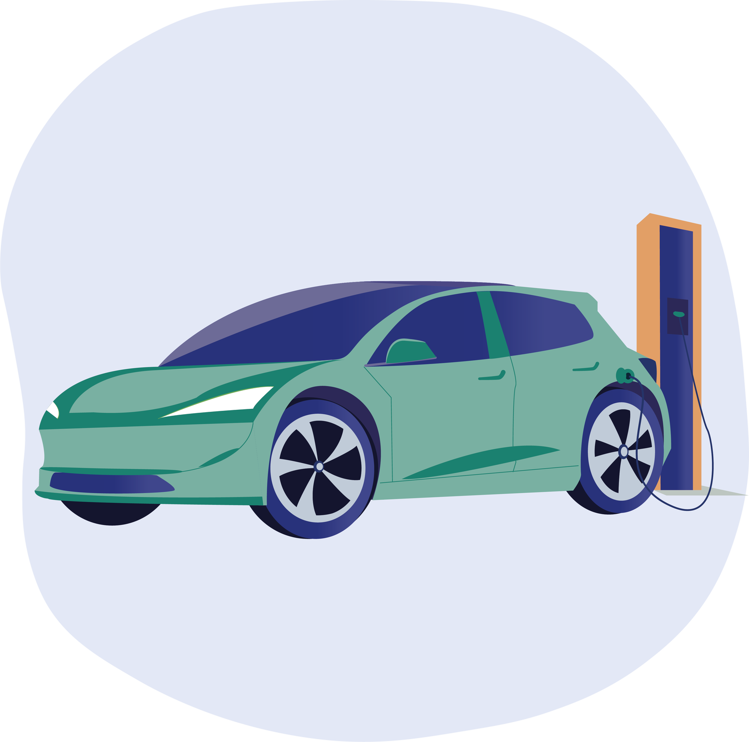 Illustration d'une voiture électrique à une borne de recharge