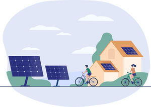 Illustration de deux personnes faisant du vélo dans un quartier couvert de panneaux solaires