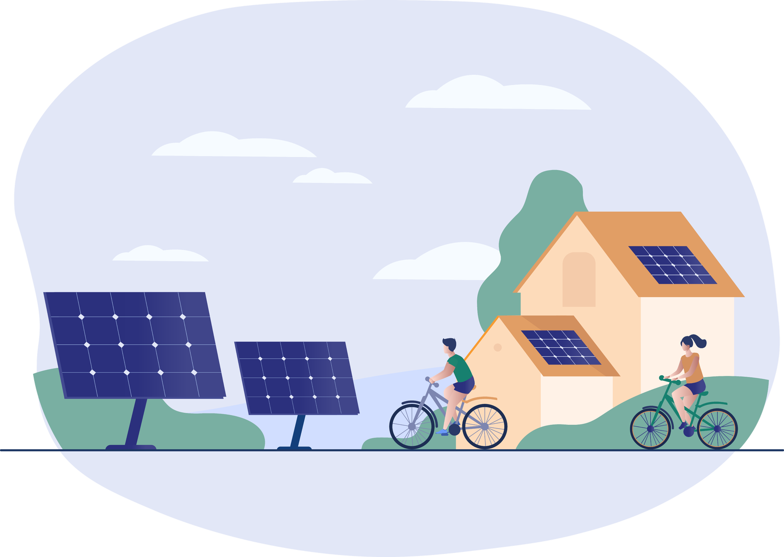 Illustration de deux personnes faisant du vélo dans un quartier couvert de panneaux solaires