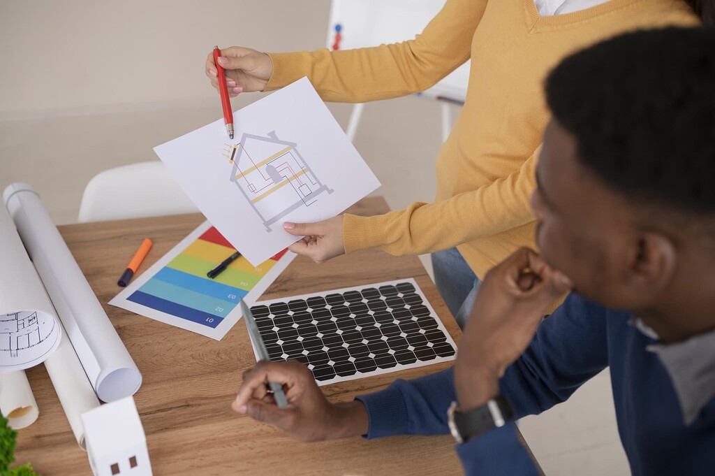 Conseillant montrant un schéma d'installations solaire à un client